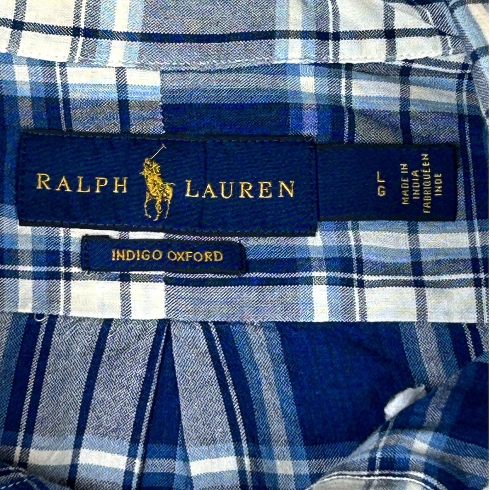 Ralph Lauren Indigo Oxford Shirt Mens Large Blue White Plaid Button Down L - Picture 5 of 6